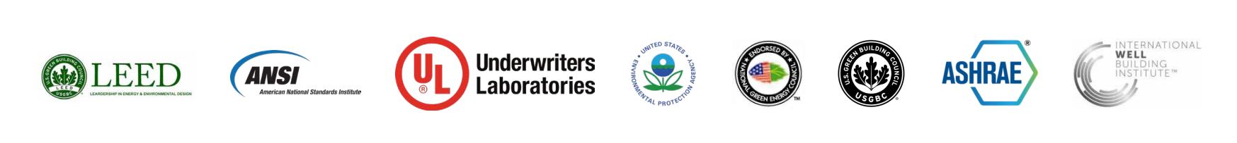 Identification include LEED, ANSI, Underwriters Laboratories, ASHRAE, INTERANTIONAL WELL BUILDING INSTITUTE